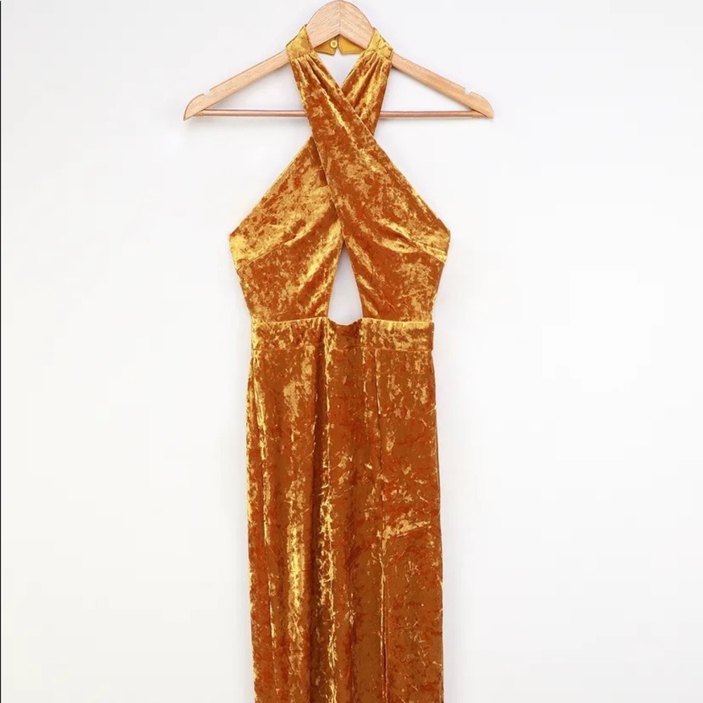 Got to Flaunt Golden Yellow Velvet Crisscross Halter Maxi Dress